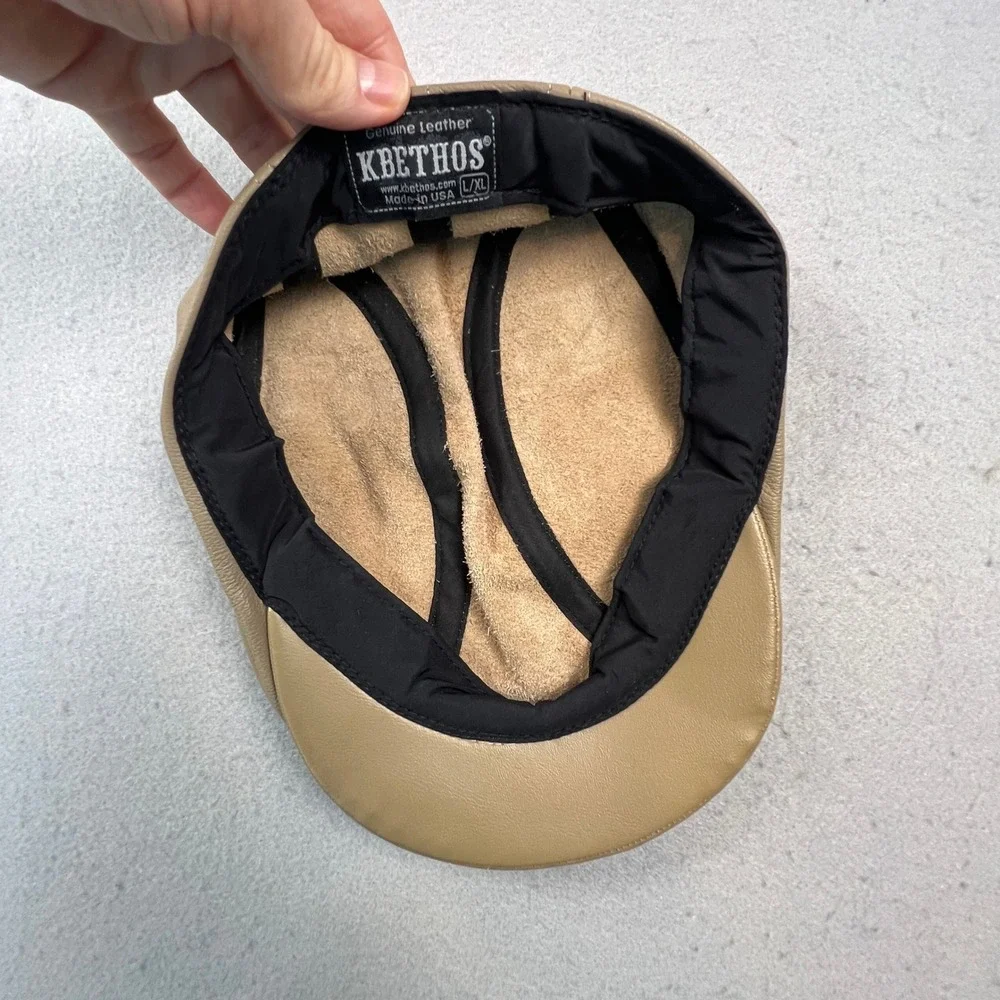 KBETHOS Flat Cap Mens L/XL Tan Genuine Leather Ivy Newsboy Driver Hat USA Made